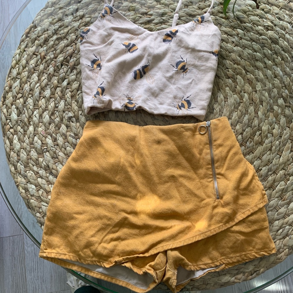 Bee Print Crop Top and Yellow Shorts Set